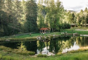 Fisherman standing around Mountain Sky's stocked trout pond on a beautiful summer day