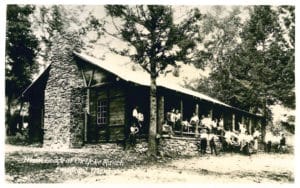 Black and white photo of Ox Yoke Ranch's main lodge