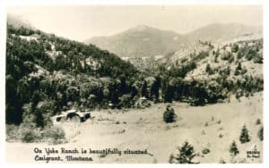 Black and white photo of Ox Yoke Ranch, a predecessor to Mountain Sky Guest Ranch