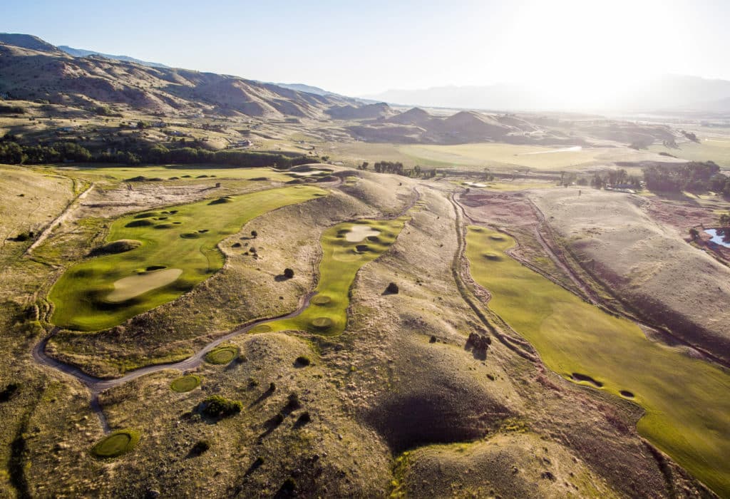 Drone view of a few hole at the Rising Sun Golf Course at Mountain Sky Guest Ranch
