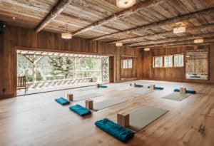 Yoga mats set up in Mountain Sky Guest Ranch's yoga center