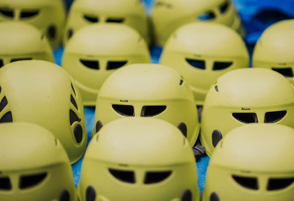 An array of helmets for the Mountain Sky challenge course